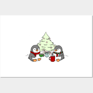 Christmas Penguins Enjoying Hot Cocoa with Christmas Tree Posters and Art